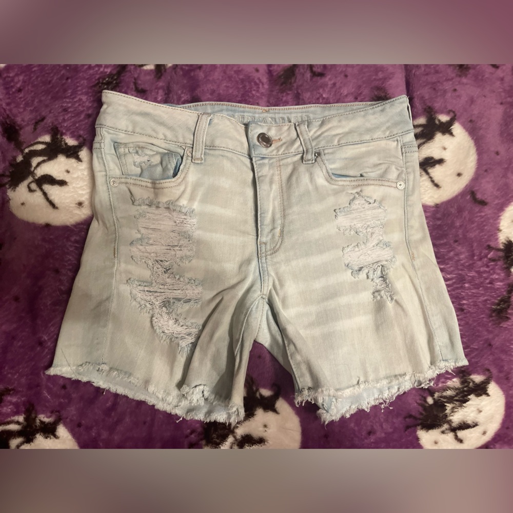 AE Light Blue Distressed Women Jean Shorts